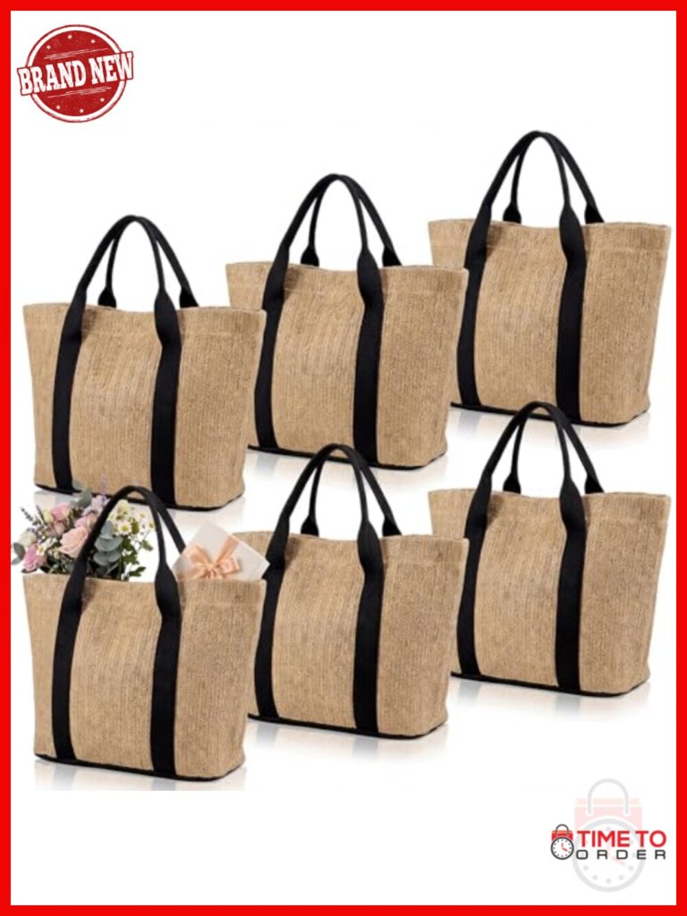 6 Pack Burlap Tote Bags Handwoven Beach Straw Bag with Handles